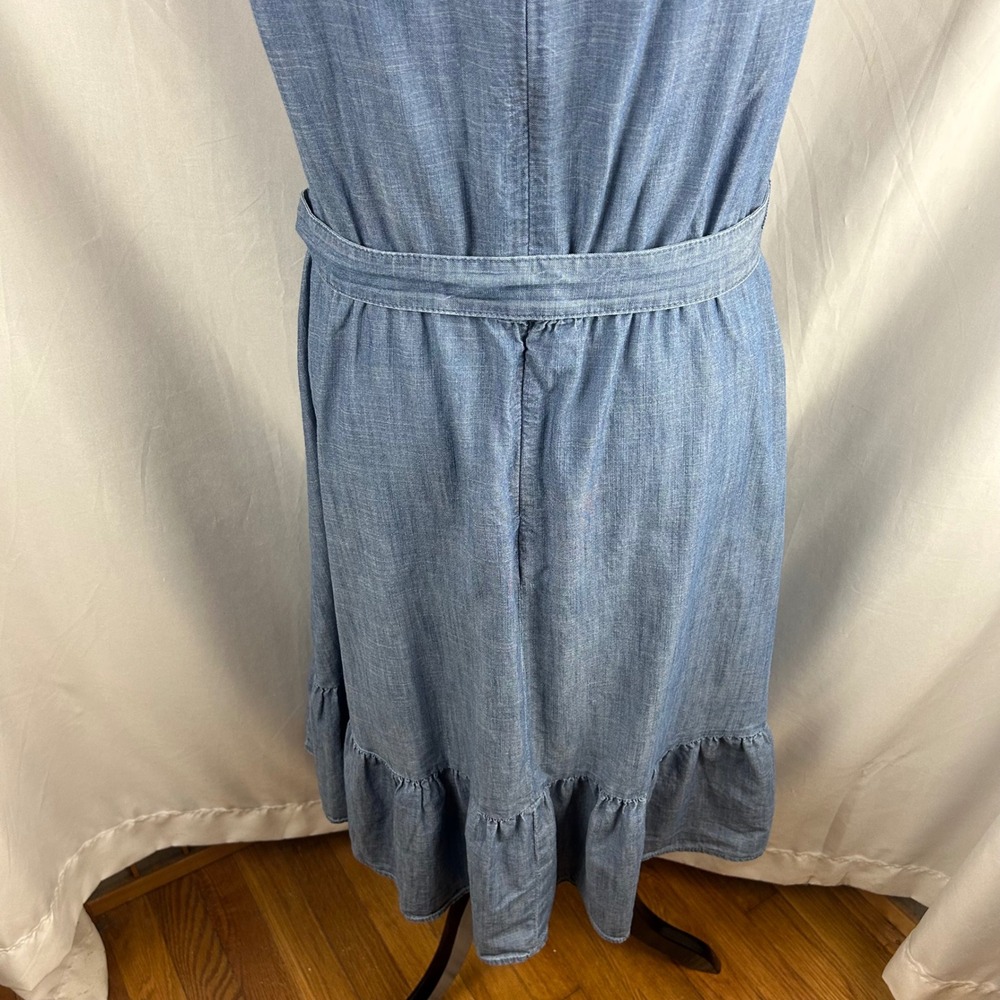 Talbots Blue Cotton Chambray Sleeveless Ruffle Hem Belted Midi Dress Womens 10 - Picture 10 of 11
